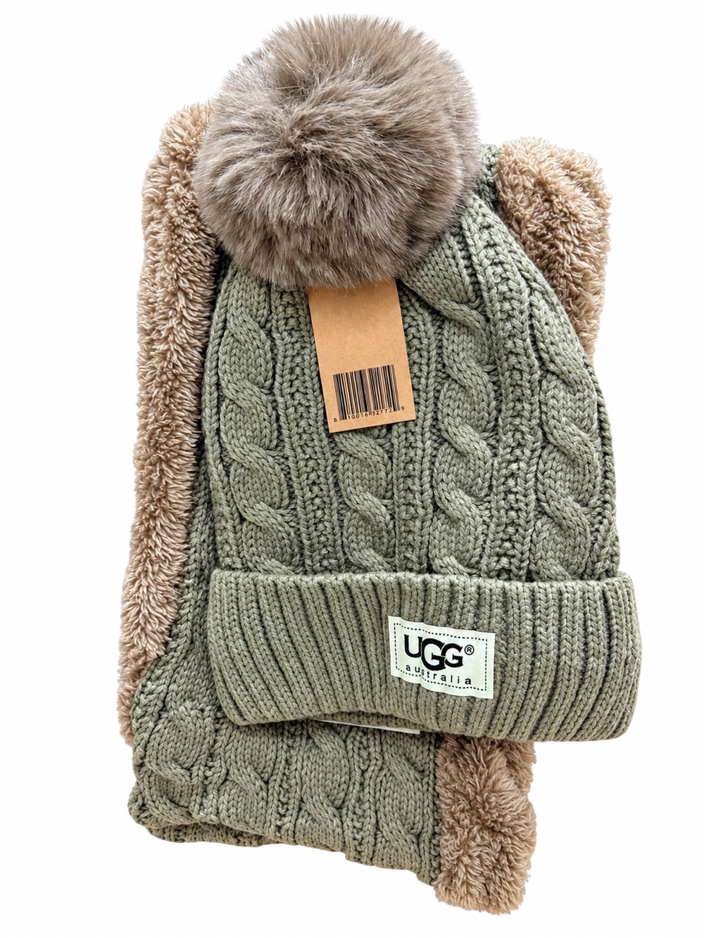 UGG Australia NWT Brown Cable Knit Pom Pom Beanie Faux Fur Infinity Scarf Set